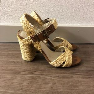 Mia straw/ ratan block heels